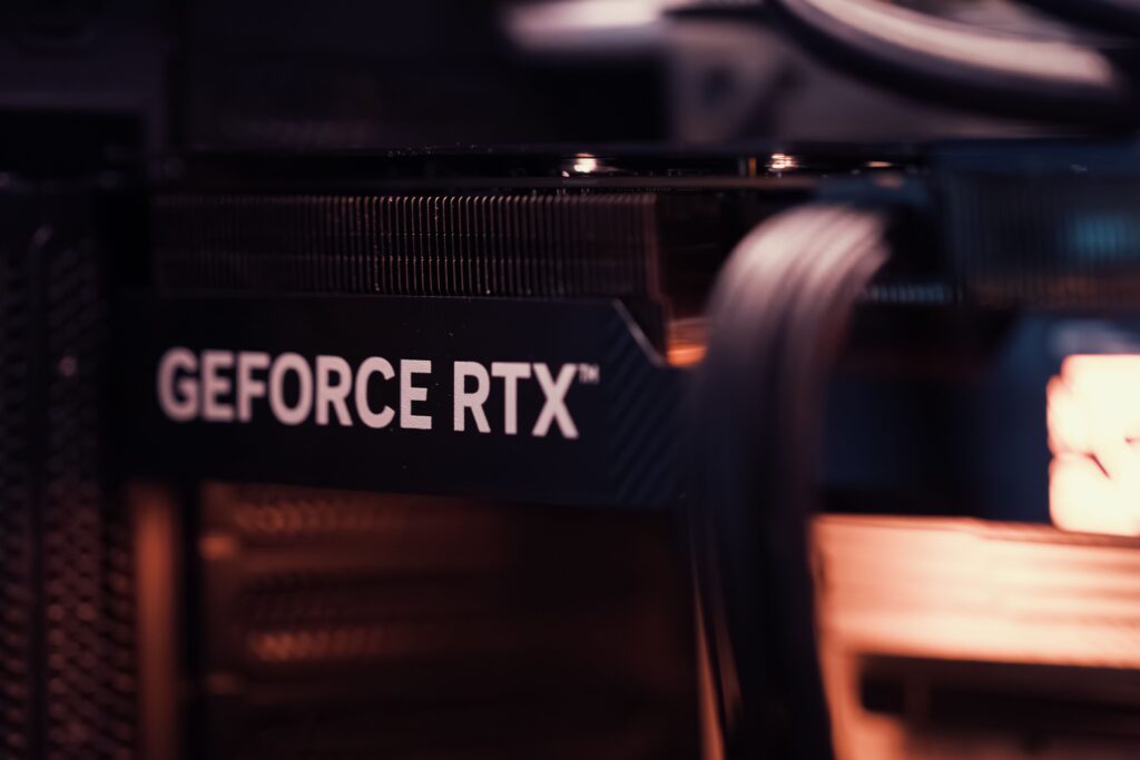 pexels-photo-34552802-34552802 Detailed view of a GeForce RTX graphics card, highlighting modern technology.